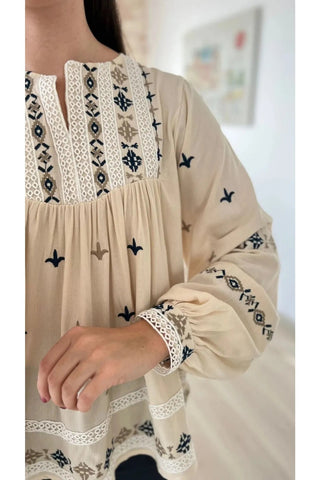 Beige Embroidered Long Sleeve Ethnic Women's Blouse,Blouse Vintage, Gift For Her,Collar Blouse,Cotton Blouse,Boho Blouse