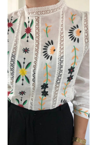 Colorful Flower Embroidered Long Sleeve Ethnic Women's Blouse,Blouse Vintage, Gift For Her,Collar Blouse,Cotton Blouse,Boho Blouse