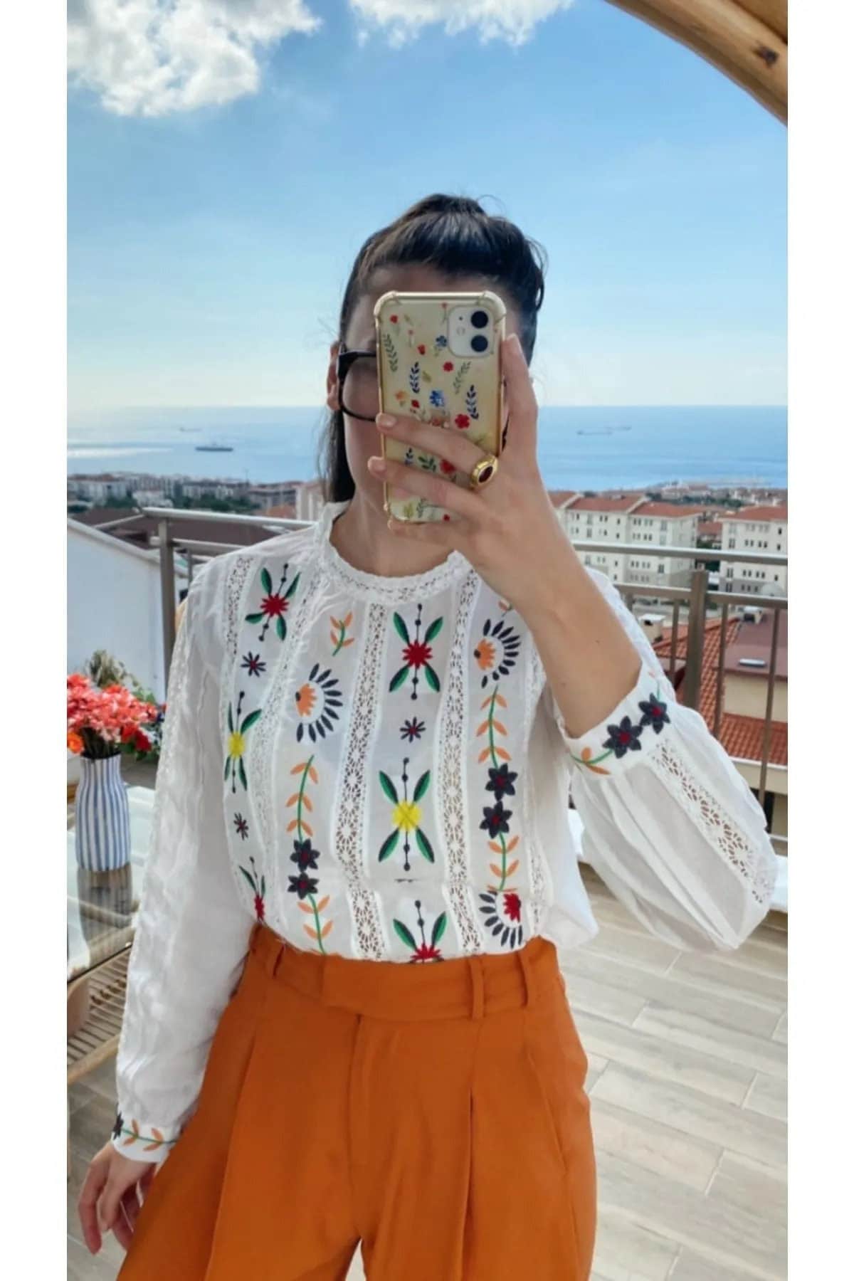 Colorful Flower Embroidered Long Sleeve Ethnic Women's Blouse,Blouse Vintage, Gift For Her,Collar Blouse,Cotton Blouse,Boho Blouse