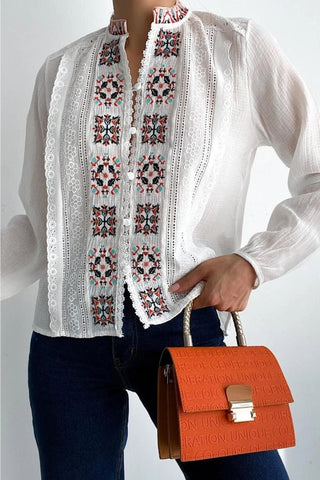 White Cross-stitch Embroidered Button And Lace Detailed Vintage Ethnic  Pattern Women's Blouse,Gift For Her,Boho Blouse,Vintage Blouse