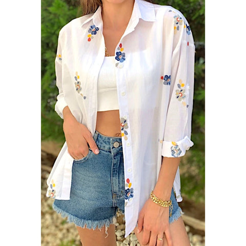 White Floral Embroidered Cotton Shirt Blouse,Cotton Blouse,Vintage Blouse, Gift For Her, Collar Blouse,Boho Blouse