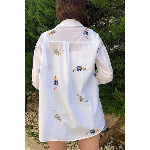 White Floral Embroidered Cotton Shirt Blouse,Cotton Blouse,Vintage Blouse, Gift For Her, Collar Blouse,Boho Blouse