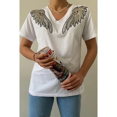 V-Neck Angel Wing Sequin Embroidered Cotton T-Shirt, Cotton Blouse,Vintage T-Shirt, Gift For Her, Boho T-shirt,Woman Shirts 2