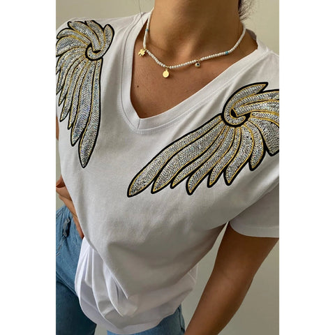 V-Neck Angel Wing Sequin Embroidered Cotton T-Shirt, Cotton Blouse,Vintage T-Shirt, Gift For Her, Boho T-shirt,Woman Shirts 2