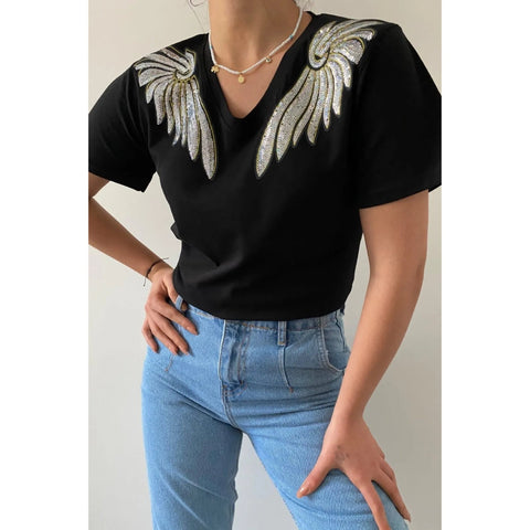 V-Neck Angel Wing Sequin Embroidered Cotton T-Shirt, Cotton Blouse,Vintage T-Shirt, Gift For Her, Boho T-shirt,Woman Shirts 2