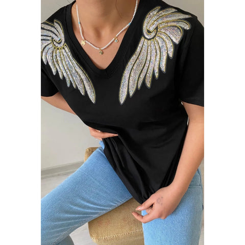 V-Neck Angel Wing Sequin Embroidered Cotton T-Shirt, Cotton Blouse,Vintage T-Shirt, Gift For Her, Boho T-shirt,Woman Shirts 1