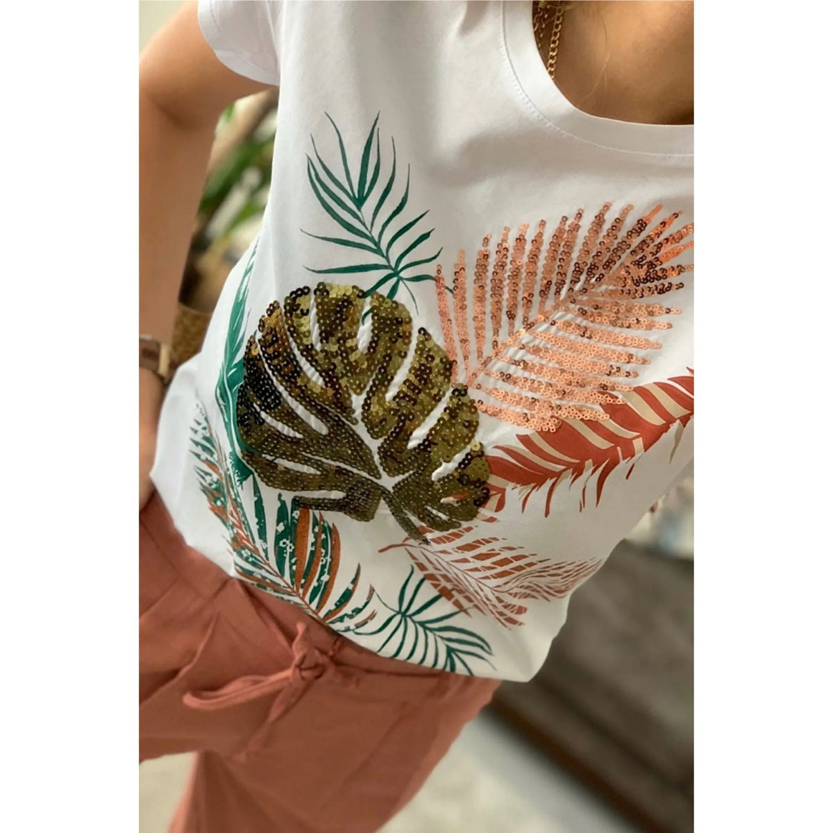 Leaf Pattern Sequin Embroidered Cotton T-Shirt, Cotton Blouse,Vintage T-shirt, Gift For Her,Boho T-shirt,Woman Shirts