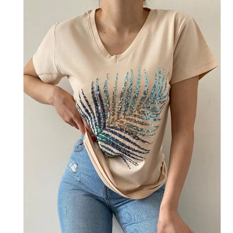 Leaf Stamp Sequin Embroidery Cotton V-Neck Women's T-shirt,Cotton Blouse,Vintage T-shirt,Gift For Her,Boho T-shirt,Woman Shirts 1