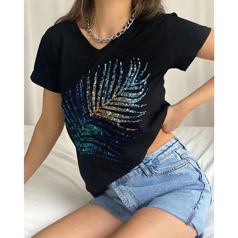 Leaf Stamp Sequin Embroidery Cotton V-Neck Women's T-shirt,Cotton Blouse,Vintage T-shirt,Gift For Her,Boho T-shirt,Woman Shirts 3