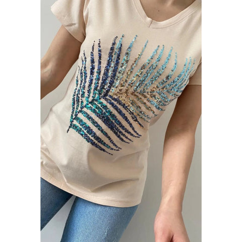 Leaf Stamp Sequin Embroidery Cotton V-Neck Women's T-shirt,Cotton Blouse,Vintage T-shirt,Gift For Her,Boho T-shirt,Woman Shirts 5