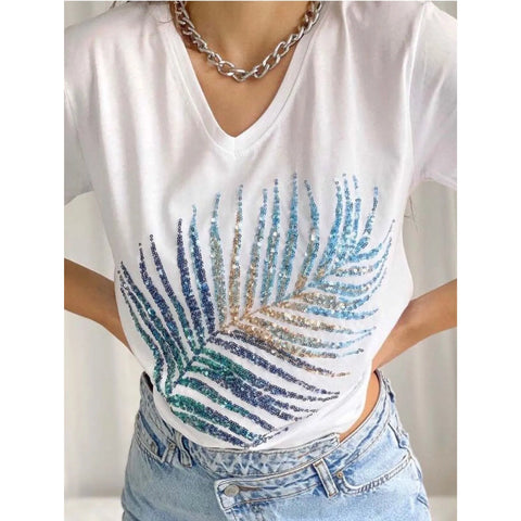 Leaf Stamp Sequin Embroidery Cotton V-Neck Women's T-shirt,Cotton Blouse,Vintage T-shirt,Gift For Her,Boho T-shirt,Woman Shirts 2