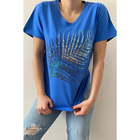 Leaf Stamp Sequin Embroidery Cotton V-Neck Women's T-shirt,Cotton Blouse,Vintage T-shirt,Gift For Her,Boho T-shirt,Woman Shirts 1