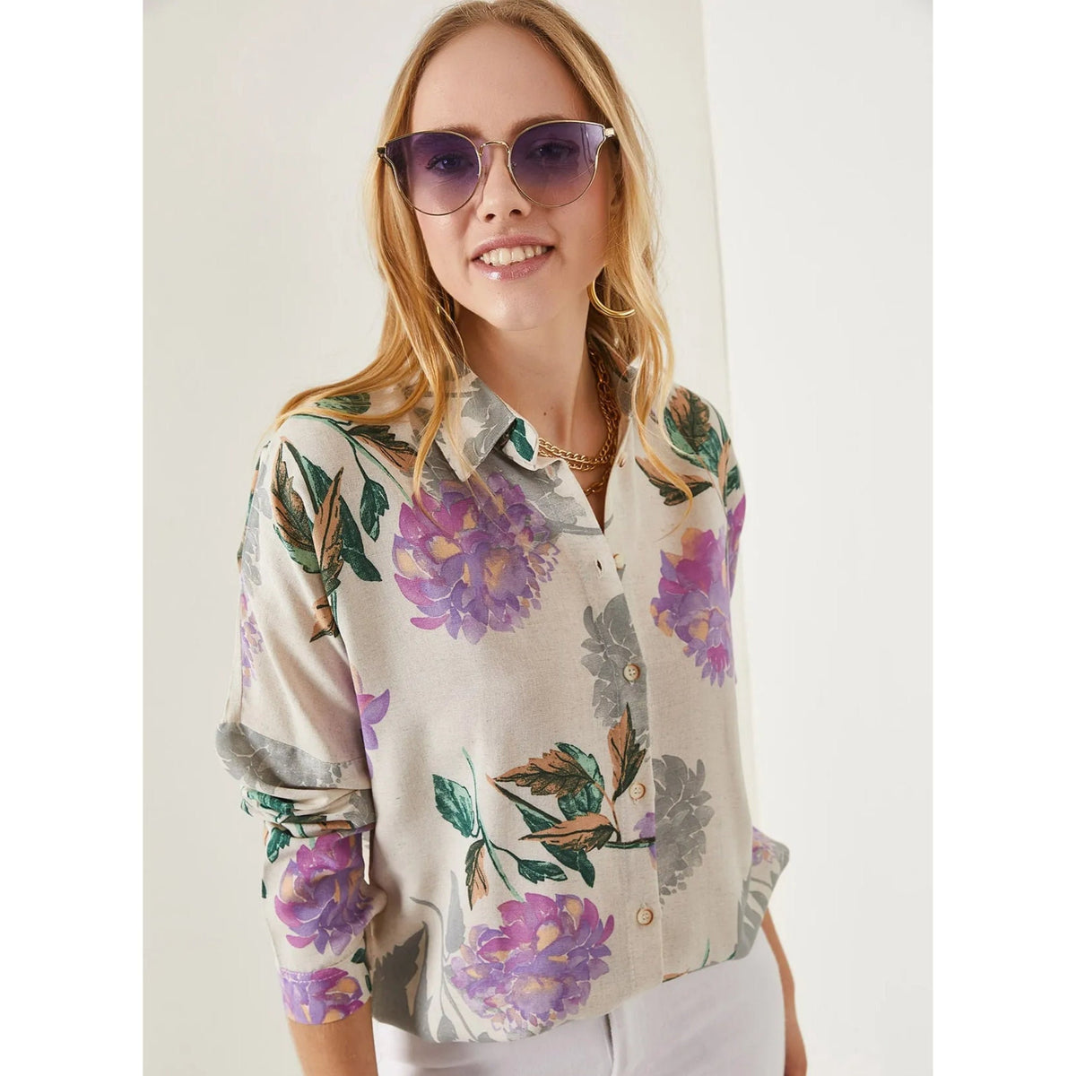 Stone Lilac Oval Bat Oversize Linen Viscose Woman Blouse With Pocket,Vintage Blouse,Floral Pattern Blouse, Gift For Her, Collar Blouse