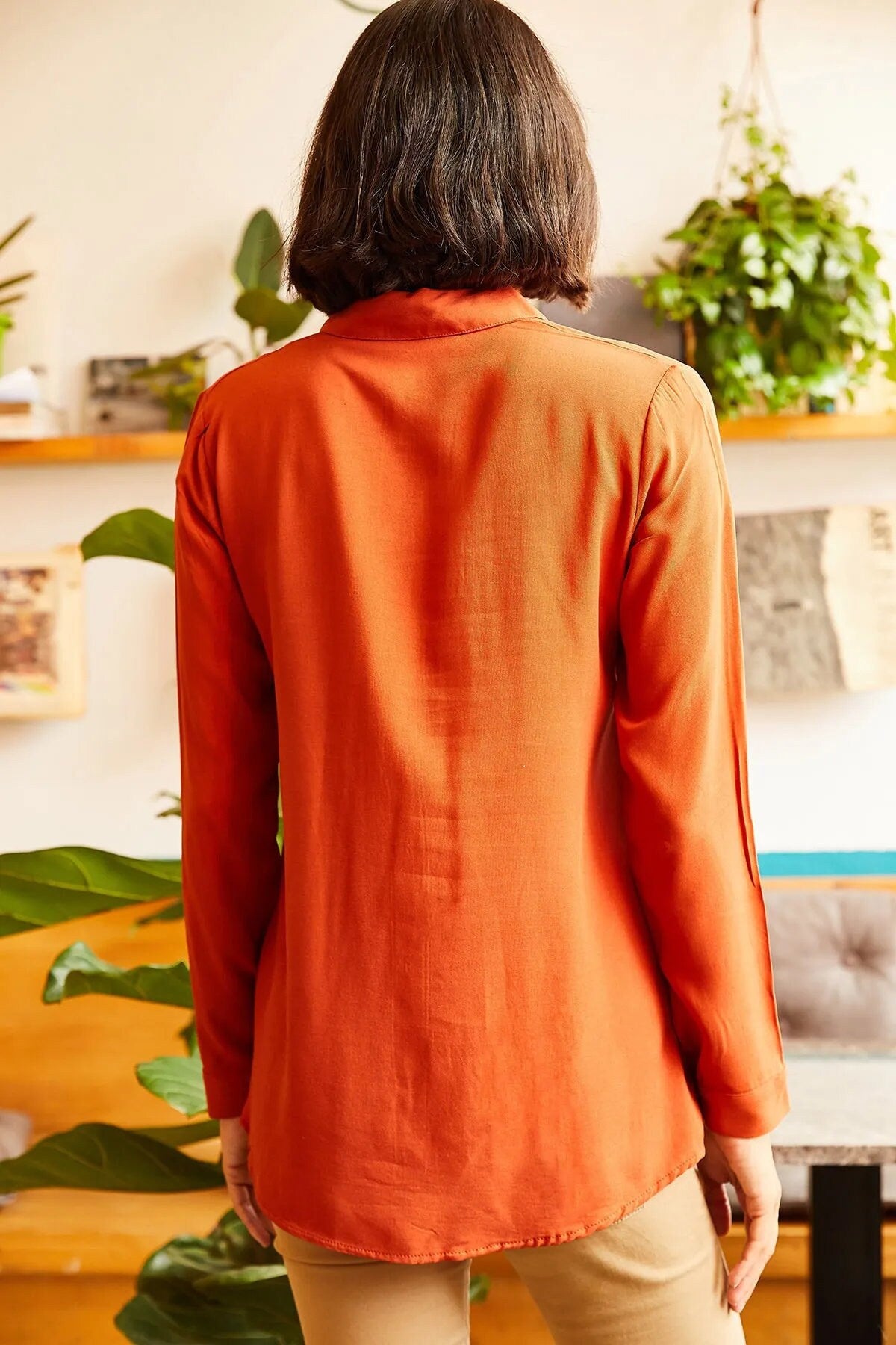 Casual Button Down Shirt, Women Orange Blouse LARGE Size Relaxed Fit Women  90s Fashion Minimalist Long Sleeve Top, Size L 