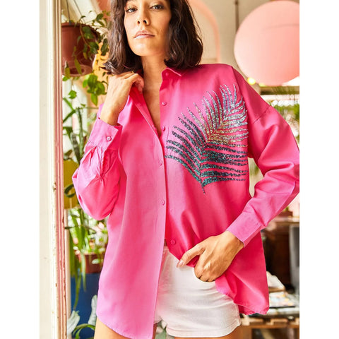 Women's Palm Sequin Detailed Oversized Poplin Shirt Blouse, Palml Pattern Blouse,Gift For Her,Collar Blouse,Cotton Blouse,Boho Blouse 1