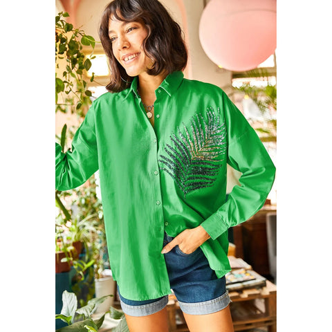 Women's Palm Sequin Detailed Oversized Poplin Shirt Blouse, Palml Pattern Blouse,Gift For Her,Collar Blouse,Cotton Blouse,Boho Blouse 1