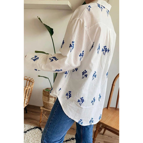 White Floral Embroidered Linen Vintage Woman Shirt,Blouse Vintage, Gift For Her,Collar Blouse,Linen Blouse,Boho Blouse