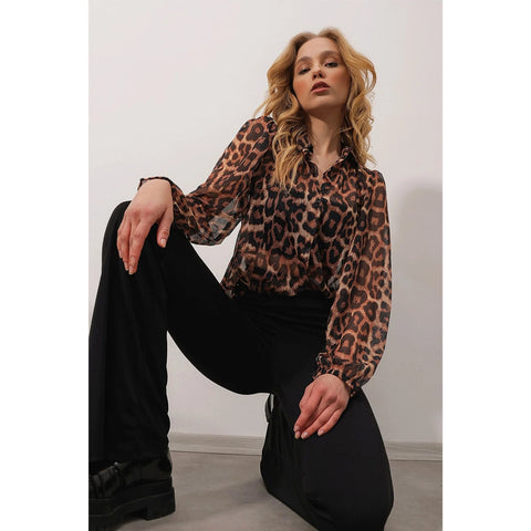 Women's Leopard Princess Sleeve Patterned Chiffon Shirt Blouse, Leopard Pattern Blouse,Gift For Her,Cotton Blouse,Boho Blouse,80s Blouse