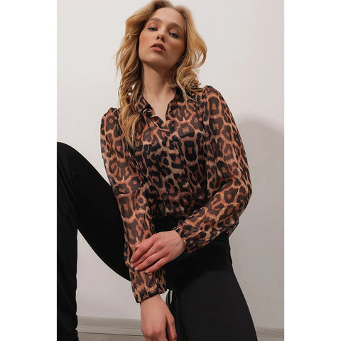 Women's Leopard Princess Sleeve Patterned Chiffon Shirt Blouse, Leopard Pattern Blouse,Gift For Her,Cotton Blouse,Boho Blouse,80s Blouse