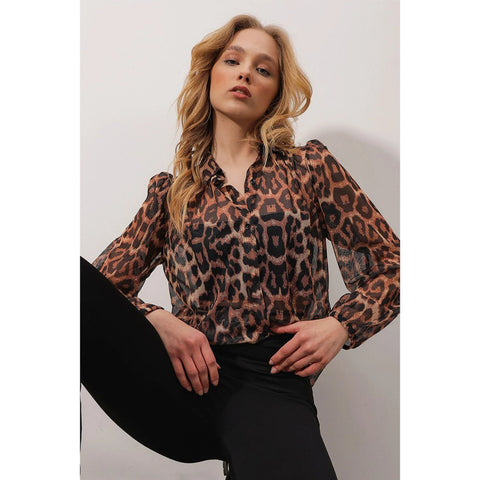 Women's Leopard Princess Sleeve Patterned Chiffon Shirt Blouse, Leopard Pattern Blouse,Gift For Her,Cotton Blouse,Boho Blouse,80s Blouse