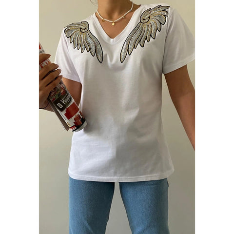 V-Neck Angel Wing Sequin Embroidered Cotton T-Shirt, Cotton Blouse,Vintage T-Shirt, Gift For Her, Boho T-shirt,Woman Shirts 2