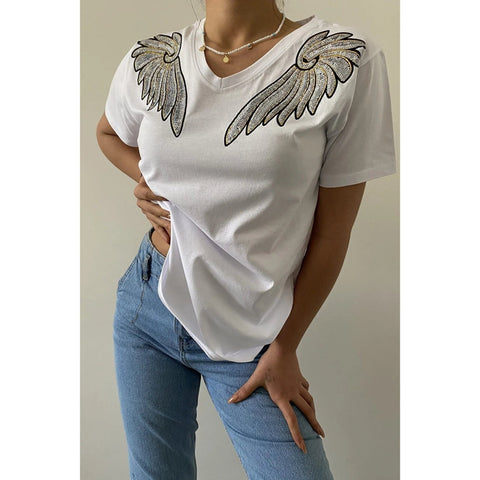 V-Neck Angel Wing Sequin Embroidered Cotton T-Shirt, Cotton Blouse,Vintage T-Shirt, Gift For Her, Boho T-shirt,Woman Shirts 2