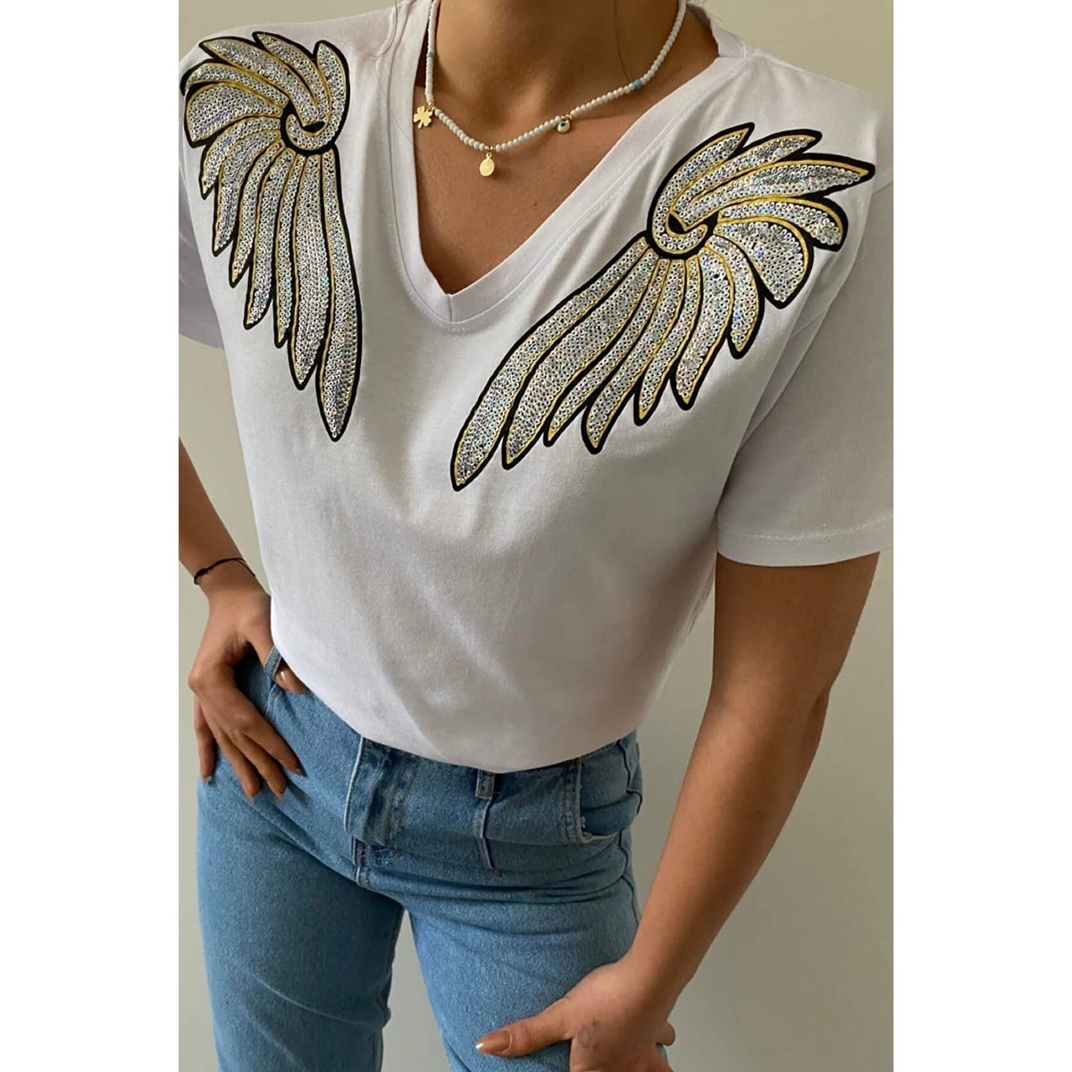 V-Neck Angel Wing Sequin Embroidered Cotton T-Shirt, Cotton Blouse,Vintage T-Shirt, Gift For Her, Boho T-shirt,Woman Shirts 2