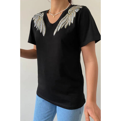 V-Neck Angel Wing Sequin Embroidered Cotton T-Shirt, Cotton Blouse,Vintage T-Shirt, Gift For Her, Boho T-shirt,Woman Shirts 1