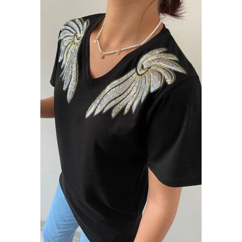 V-Neck Angel Wing Sequin Embroidered Cotton T-Shirt, Cotton Blouse,Vintage T-Shirt, Gift For Her, Boho T-shirt,Woman Shirts 2