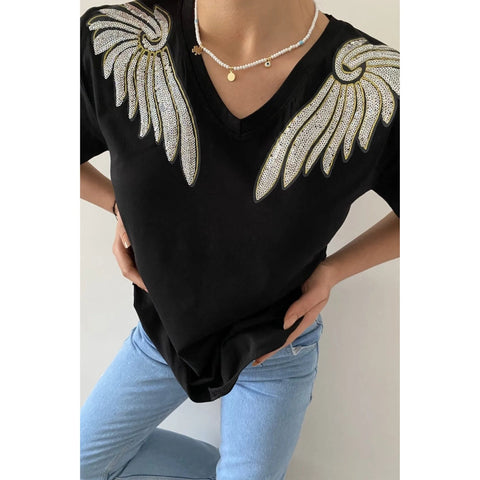 V-Neck Angel Wing Sequin Embroidered Cotton T-Shirt, Cotton Blouse,Vintage T-Shirt, Gift For Her, Boho T-shirt,Woman Shirts 2