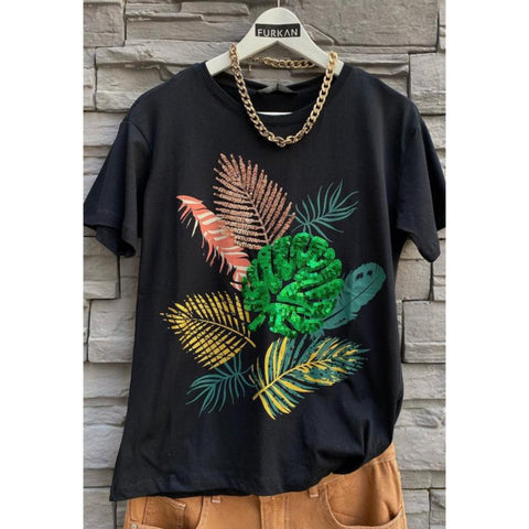 Leaf Pattern Sequin Embroidered Cotton T-Shirt, Cotton Blouse,Vintage T-shirt, Gift For Her,Boho T-shirt,Woman Shirts