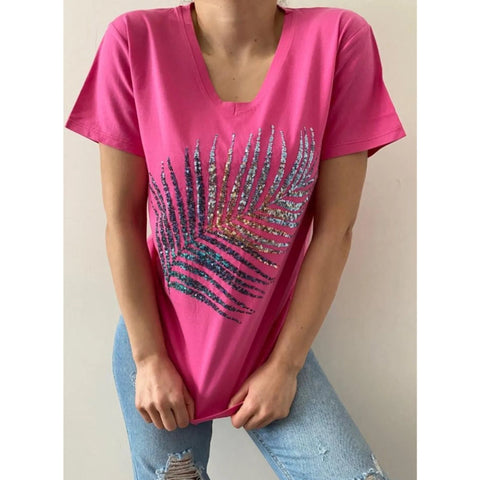 Leaf Stamp Sequin Embroidery Cotton V-Neck Women's T-shirt,Cotton Blouse,Vintage T-shirt,Gift For Her,Boho T-shirt,Woman Shirts 1