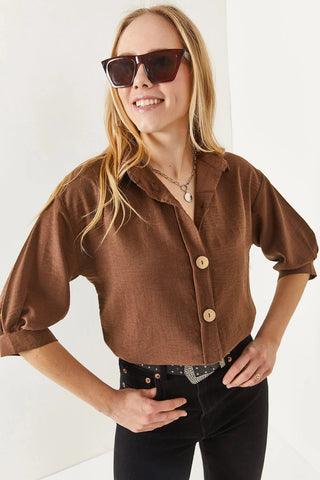 Wooden Buttoned Three Quarter Sleeve Minimalist & Affordable Woman Blouse, Vintage Blouse,Gift For Her, Collar Blouse,Boho Blouse 4