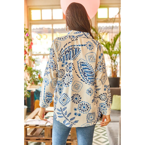 Blue Ring Oval Bat Oversize Linen Viscose Woman Blouse With Pocket,Vintage Blouse,Floral Pattern Blouse, Gift For Her, Collar Blouse