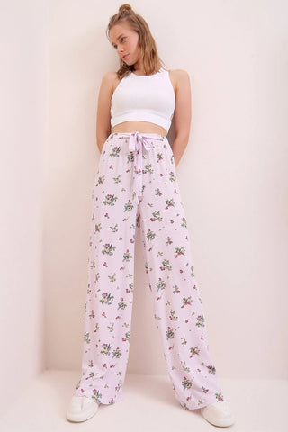Boho Casual Fit Women's Trousers,Floral and Traditional Patterned,Elastic Waist,High Waist,Lace Detail,Trend Trousers,Loose Wide Leg Pant