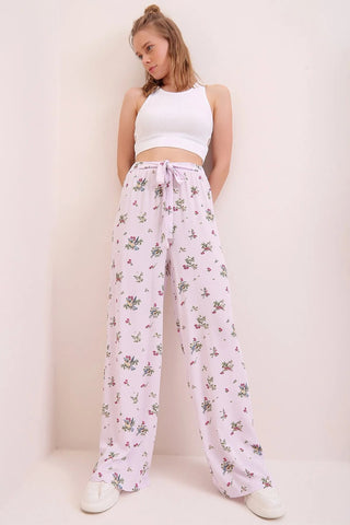 Fuscha Boho Casual Fit Women's Trousers,Floral and Traditional Patterned,Elastic Waist,High Waist,Lace Detail,Loose Wide Leg Pant