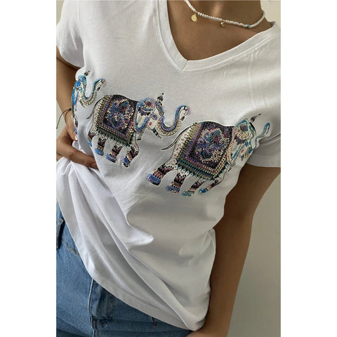 Elephant Pattern Sequin Embroidered Cotton V-Neck Women's T-shirt,Cotton Blouse,Vintage T-shirt,Gift For Her,Boho T-shirt,Woman Shirts