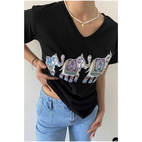 Elephant Pattern Sequin Embroidered Cotton V-Neck Women's T-shirt,Cotton Blouse,Vintage T-shirt,Gift For Her,Boho T-shirt,Woman Shirts