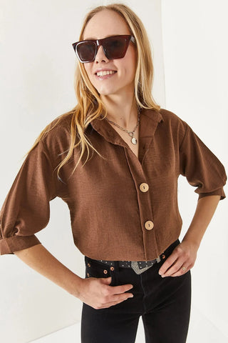Wooden Buttoned Three Quarter Sleeve Minimalist & Affordable Woman Blouse, Vintage Blouse,Gift For Her, Collar Blouse,Boho Blouse 3