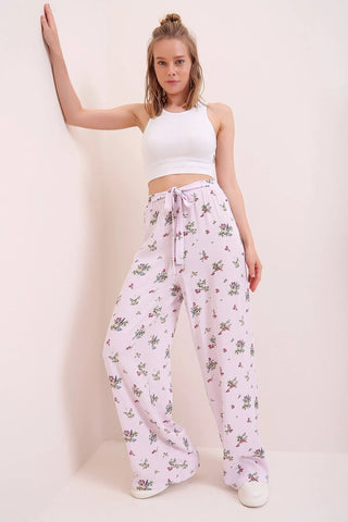 Fuscha Boho Casual Fit Women's Trousers,Floral and Traditional Patterned,Elastic Waist,High Waist,Lace Detail,Loose Wide Leg Pant