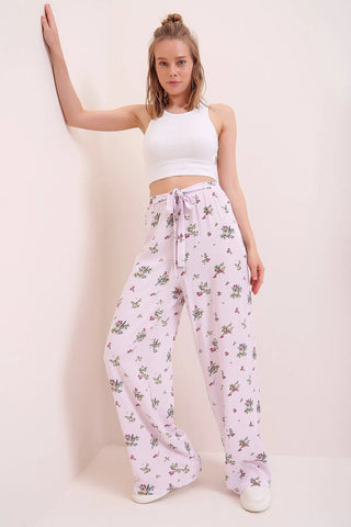 Boho Casual Fit Women's Trousers,Floral and Traditional Patterned,Elastic Waist,High Waist,Lace Detail,Trend Trousers,Loose Wide Leg Pant