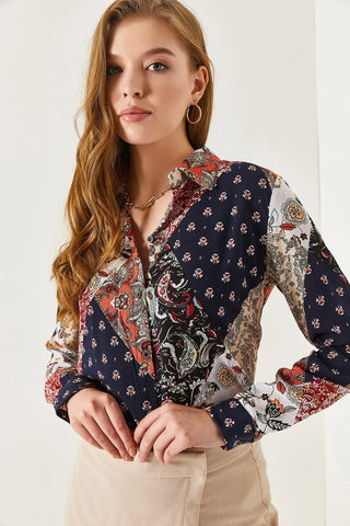 Navy Blue Patterned Long Sleeve Boho Woman Blouse,Business Woman Blouse,Paisley Pattern Blouse,Casual Blouse,Floral Pattern Womens Blouse