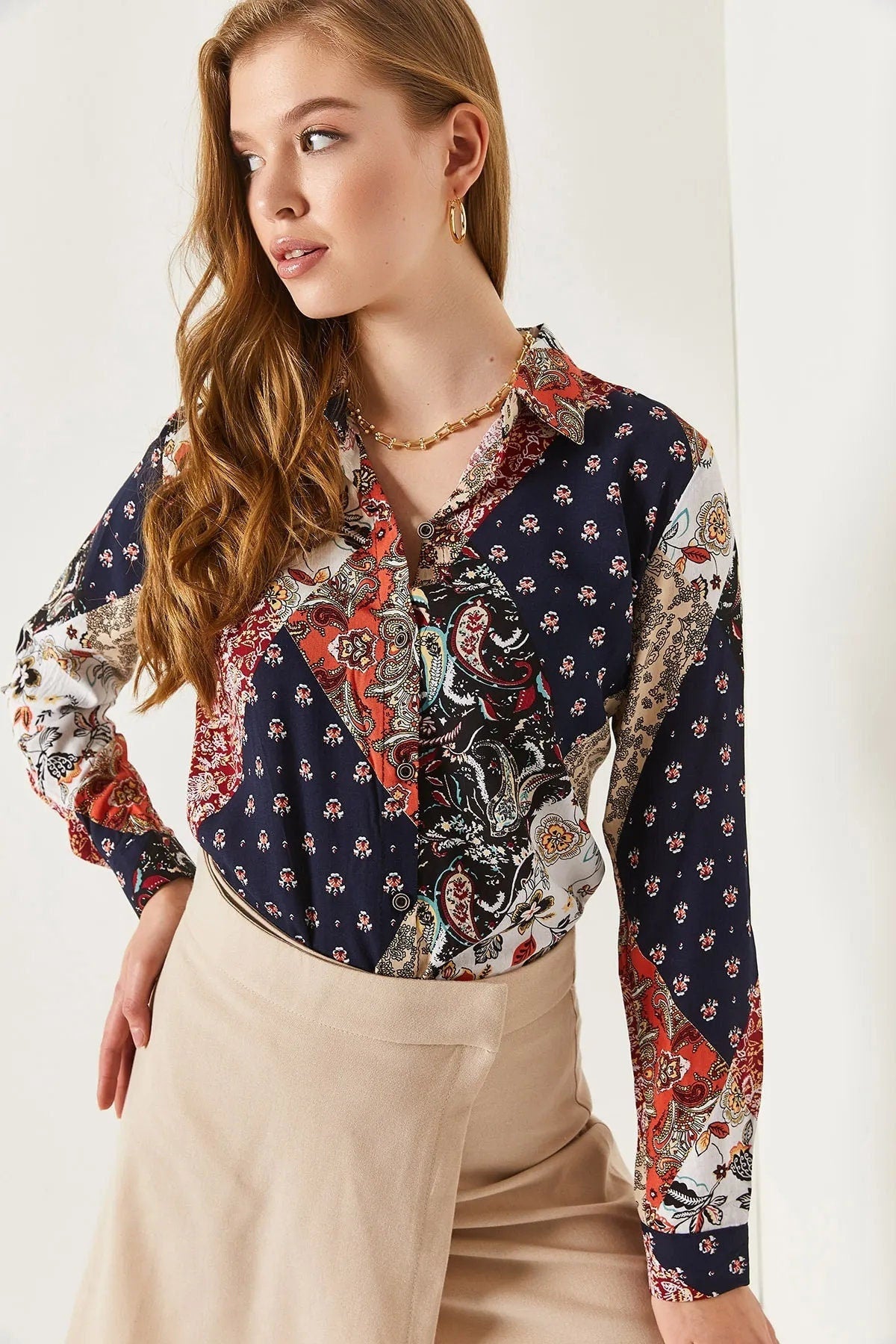 Navy Blue Patterned Long Sleeve Boho Woman Blouse,Business Woman Blouse,Paisley Pattern Blouse,Casual Blouse,Floral Pattern Womens Blouse