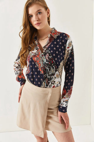 Navy Blue Patterned Long Sleeve Boho Woman Blouse,Business Woman Blouse,Paisley Pattern Blouse,Casual Blouse,Floral Pattern Womens Blouse