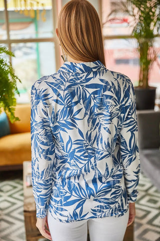 Blue Palm Pattern Viscose  Woman Shirt,Tropical  Woman Bohemian Blouse,Gift For Her,Relaxed Blouse,Long Sleeve Womens Blouse,Vacation Shirt