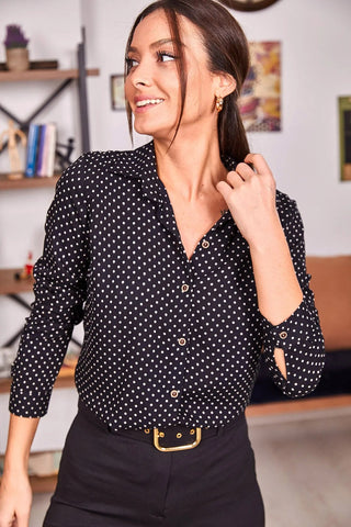 Black Collar Polka Dot Woman Shirt,Polka Dot Style Blouse,Versatile Vibes,Fun And Flirty,Chic Collar,Gift For Her