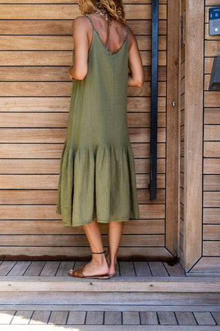 Green Scalloped Halter Skirt Pleated Loose Linen Dress Boho Dress,Maxi Dress,Spaghetti Strap Dress-Boho Wear Womens Dress-Casual Dress