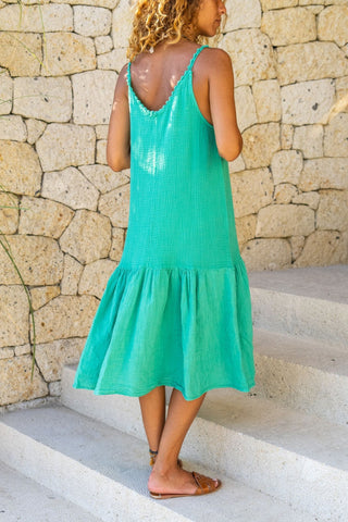 Green Scalloped Halter Skirt Pleated Loose Linen Dress Boho Dress,Maxi Dress,Spaghetti Strap Dress-Boho Wear Womens Dress-Casual Dress