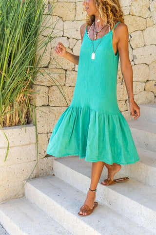 Green Scalloped Halter Skirt Pleated Loose Linen Dress Boho Dress,Maxi Dress,Spaghetti Strap Dress-Boho Wear Womens Dress-Casual Dress