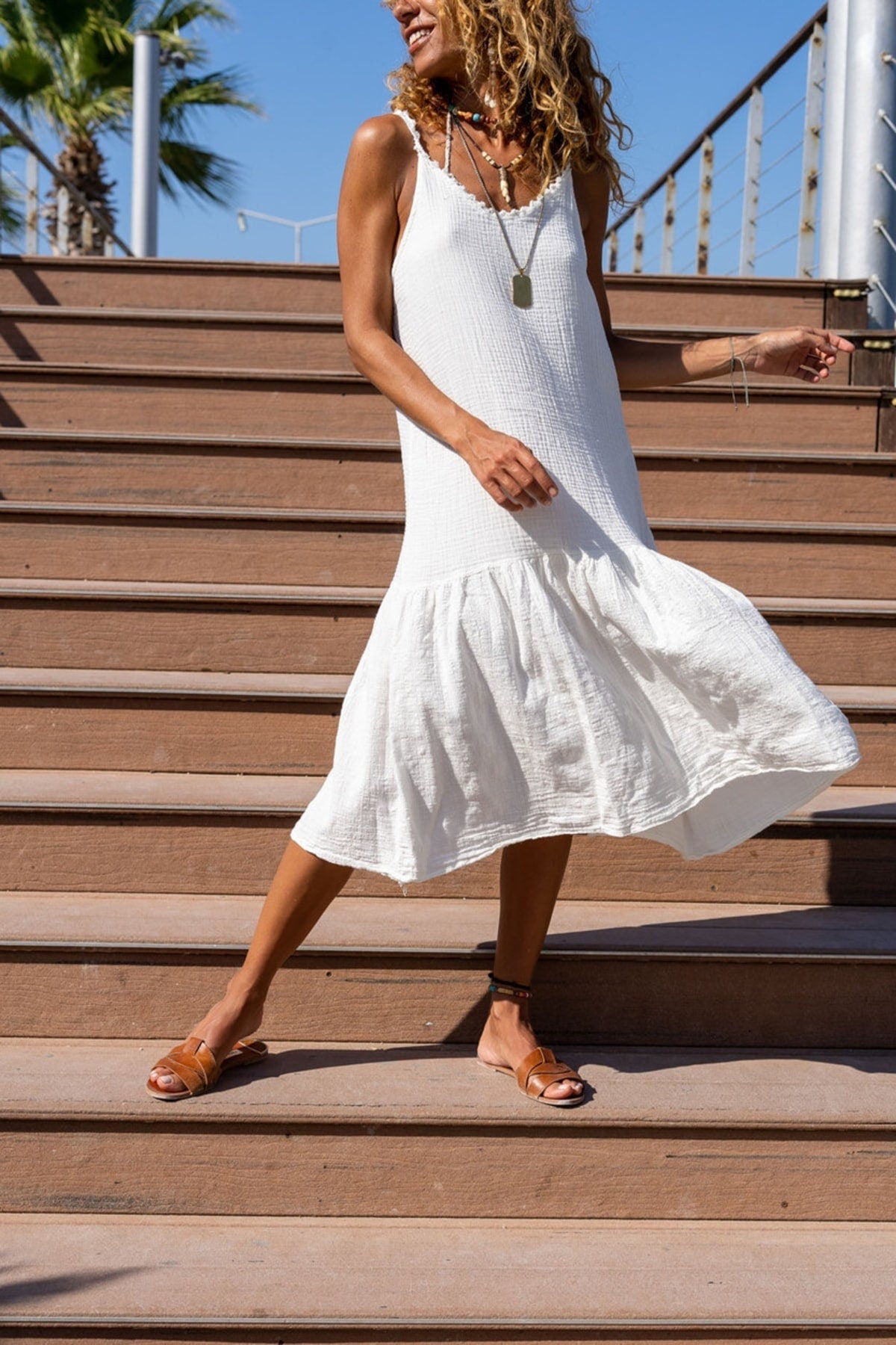 White Scalloped Halter Skirt Pleated Loose Linen Dress Boho Dress,Maxi Dress,Spaghetti Strap Dress-Boho Wear Womens Dress-Casual Dress